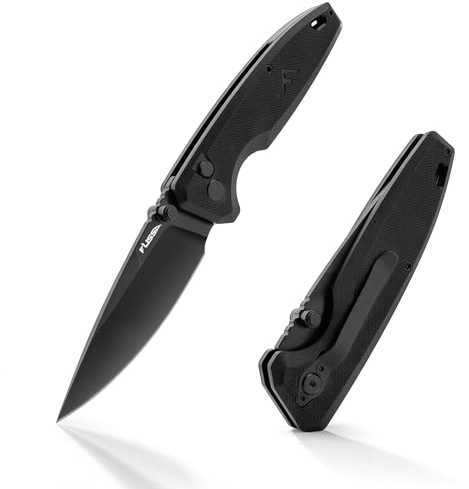 FLISSA Couteau de Poche Pliant en Acier D2 avec Manche en G10, Goujon de Pouce Incluse, Verrouillage par Bouton, Clip Ceinture, Couteau Pliable de Camping pour Randonnée, Voyage, Alpinisme, Noir