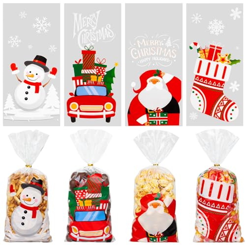 100 Stück Weihnachten Süßigkeiten Tüten, Cellophantüten Mit Gold Twist Krawatten für Plätzchen, Kekse, Pralinen