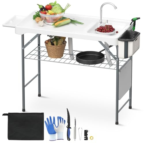 Magshion 40 Folding Fish Cleaning Table with Dual Sink, Heavy Duty Portable Camping Sink Station with Grid Rack & Fish Cleaning Kit, Outdoor Fillet Table for Fishing, Picnic, Garden, Patio, Beach