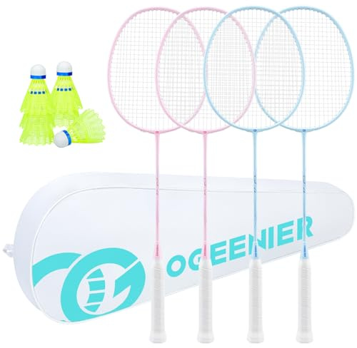 OGEENIER Badmintonracketar set med 4, 4-spelarset med 6 nylonfåglar, lätt badmintonracket för gym, 3U
