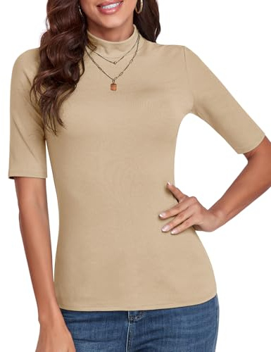 WOWENY Pull élégant à manches courtes pour femme - T-shirt à manches courtes - T-shirt avec col montant élastique - Col roulé - Coton basique - Chemisier, L