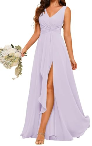 Vestido de dama de honor de princesa con cuello en V, con abertura, vestido de gasa formal, vestido de fiesta de noche, ZM131, Lila, 34