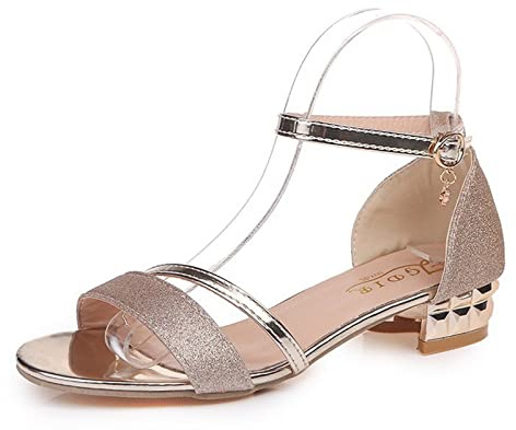 Women's Low Block Heel Sandals Ladies Crystal Sparkle Diamante Low Mid Heel Sandals Peep Toe Ankle Strappy Rhinestones Party Prom Sandal Wedding Bridal Bridesmaid Shoes