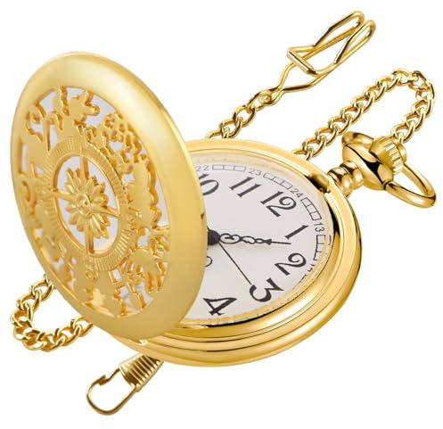Tiong Gold Hollow Compass Cover Quartz Men's Pocket Watch,Arabic Numerals Dial Pocket Watch with Chain for Men Christmas Graduation Birthday Gifts Father's Day