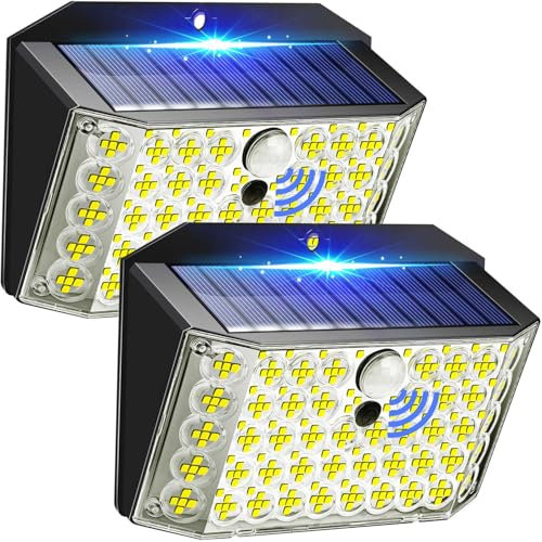 PIKOY Eclairage Exterieur Avec Detecteur, 3 Faces+320°+246LED(Lenticulaire&Plus Lumineux) Projecteur Led Extérieur Solaire [2 Pcs] ,2200mAh & 8-12h Utilisation+IP65 Luminaire Exterieur Solaire, Ip65