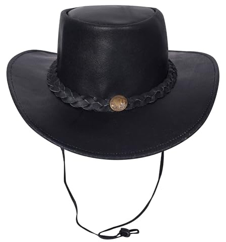 URBAN 5884 Sombrero Vaquero de Cuero Auténtico, Sombrero Cowboy para Hombre/Mujer, con ala Ancha y Barboquejo Ajustable - Negro, 2XL
