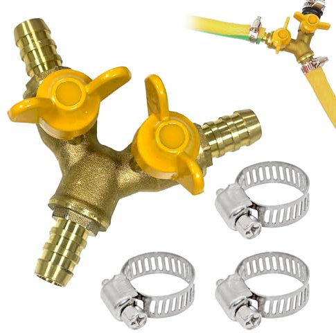Huybaa Valvola a Sfera in Ottone 3 Vie per Tubo Gas Cucina con Fascette Stringitubo - Connettore a Y per Aria, Acqua, Gas