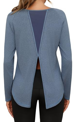 Crewhpo Maglia Running Donna Spacco Posteriore Maglietta Palestra Traspirante Maglia Trekking Leggera Rete Traspirante Maglietta Sportiva Asciugatura Rapida Maglie Yoga Manica Lunga Blu Navy L