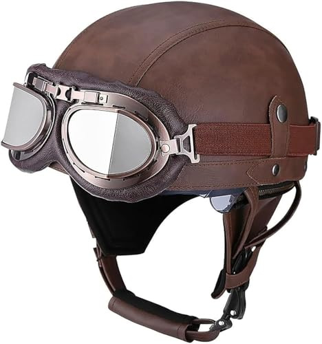 Casco De Moto Retro Medio Cuero De Abierto con Gafas De Aviador Cascos Jet Vintage Cruiser Moto Scooter Medio Casco Jet Estilo Alemán Dot/ECE Homologado para Mujer Hombre Adulto 7,XL