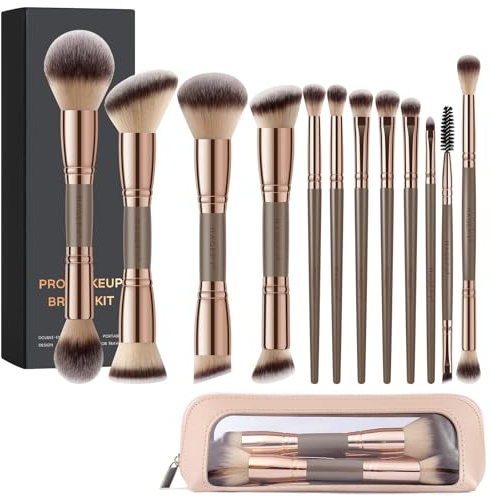 MAGEFY Makeup Brushes 12Pcs with Bag, Double-End Multi-functional for Foundation Powder Blush Eyeliner Eyeshadows brushes with Gift Box,Champagne