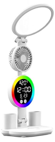 Lampada da scrivania a LED con ventilatore e orologio, luci LED colorate dimmerabili, porta di ricarica USB, pieghevole regolabile con data, portapenne, temperatura, ufficio domestico, lampada da