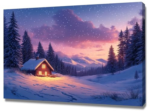 AMXBZC Moderni Quadri paesaggio Scena dell'albero della capanna invernale Poster Soggiorno -Quadro Camera Da Letto, Cucina Sala Da Pranzo Bagno Stampe su tela(porpora)-60x90cm Incorniciato