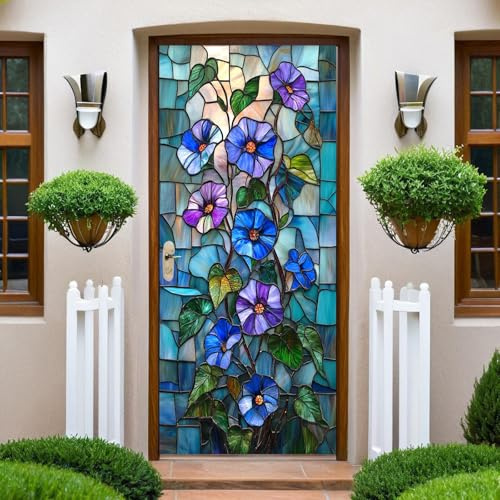 Geometrisches Glas Türtapete Selbstklebend Türfolie Blühende Prunkwinde Türaufkleber Wandbild PVC Türtattoos Türposter Fototapete für Wohnzimmer Schlafzimmer Küche Toilette Türdeko 86x200 cm