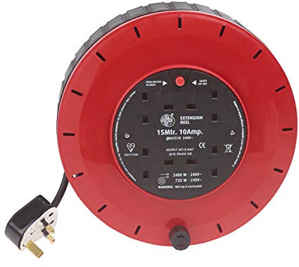 Schneider Electric Thorsman - 4 Socket Extension Lead Reel, 15m, 10A, 240V, with Safety Cut Out Switch, Casette Reel, JJR41510