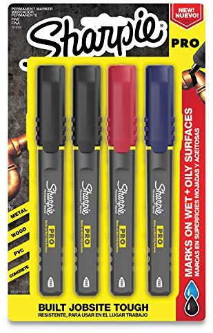 Sharpie Pro Permanent Markers, Fine Point, Assorted Colors, 4 Count - Built Jobsite Tough, Durable, Rugged, Anti-Roll