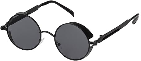 Ultra Steampunk Sunglasses Round with Side Shields - UV400 Protection, Vintage Retro Goggles for Men Women, Festival Cyber Goth Rave Glasses - Black