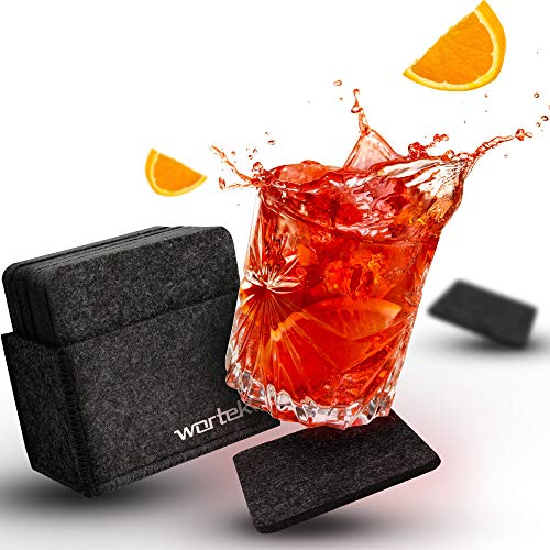 wortek Filzuntersetzer eckig für Gläser – 10er Set mit Aufbewahrungsbox, Glasuntersetzer für Getränke, Tassen, Bar, Glas - Ø 10cm Tischuntersetzer Untersetzer Gläser Schwarz