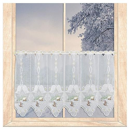 atelier alles-Spitze Hochwertige Winter-Scheibengardine Futterkrippe mit Hase | Halbtransparenter Kurzstore mit Vogtländischer Stickerei in weiß, braun, grün und Gold | Höhe x Breite 55 x 80 cm