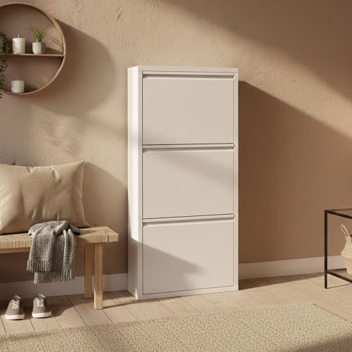 Dmora - Scarpiera Eliseo, Mobile portascarpe in metallo, Armadio da ingresso multiuso, Mobiletto per calzature, 50x15h104 cm, Bianco