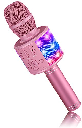 BONAOK Kabelloses Bluetooth-Mikrofon, Kindermikrofon mit LED-Lichtern, Mini-Karaoke-Maschine für Party/Haus/Geburtstag, kompatibel mit Bluetooth iOS Android (Pink)