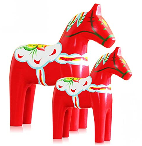 2 Piece Wooden Dala Horse Swedish National Style Wood Figures Statue Handicraft Sweden Style Dala Horse House Decoration (Red)