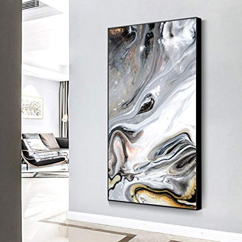 Póster de pintura al óleo abstracta de gran tamaño moderno Impresión en lienzo Arte de pared negro Cuadro de pintura en tinta para la decoración de la sala de estar 35x70cm (14x28in) con marco