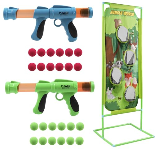 DigHealth Schaumball Pistole und Schießt Ziel，2 Teiliges Power Pistole Spielzeug mit Stehendem Schießziel, Rollenspielspielzeug für drinnen und draußen, mit Familie oder Freunden(Wald)