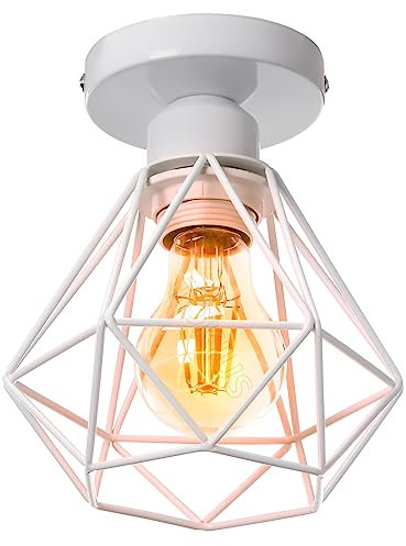 TOKIUS Lampadario vintage da soffitto Industriale Plafoniera E27 Metallo Lampadario a sospensione Design Gabbia ferro Binaco Ø160mm Per Soggiorno Cucina Camera da letto