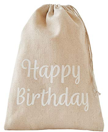 | 3 Geschenkbeutel in Leinen-Optik - Happy Birthday - 15x10 cm, Baumwollbeutel, Stoffbeutel, natürliche Geschenkverpackung, Geburtstag, Muttertag, Hochzeit, Feste, Danke sagen
