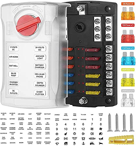 Sicherungshalter 12fach kfz 12v Flachsicherungen ATO/ATC 12 Fach erleuchten Plastikhülle M5 Schraube mit 5-25A Sicherung 32v 100a max für Auto Boot RV