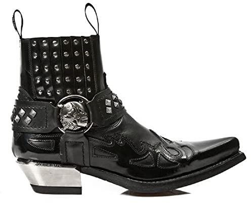 New Rock 7950-S9 Black Ankle Boots Western Goth Strap Skull Stud Metal