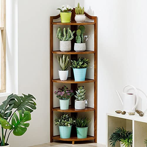 LIGUOYI Corner Flower Shelf 5 Tier Industrial Corner Bookshelf Bamboo Multipurpose Shelving Unit Display Rack, Flower Stand Kitchen Ladder Shelf Organizer Rack For Plants, Living Room,Home,Office