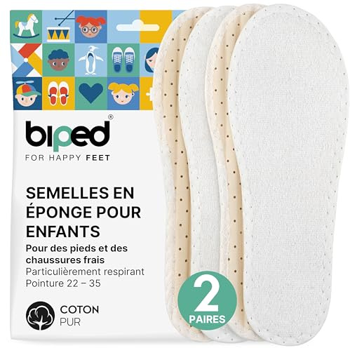 biped 2 paires de semelles pieds nus pour enfants en tissu éponge 100% coton avec rembourrage en latex naturel doux - semelles intérieures antibactériennes contre les odeurs désagréables z2789(35)