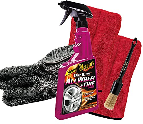 Felgenreinigungs Bundle: Meguiars Hot Rims All Wheel Cleaner 710ml + Nuke Guys Felgenpinsel + 2x Nuke Guys Präzisionshandschuh für Detailing Arbeiten + detailmate Trockentuch 1000GSM