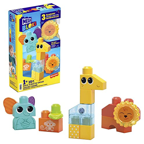 MEGA Bloks Safari Play Set, 15 sensoriska byggklossar (lejon, giraff och elefant), byggklossleksak, konstruktionsleksak för barn från 1 år, HKN42