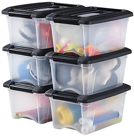 Iris Ohyama 6 Cajas de Almacenaje Plastico con Tapa, 5L, Negro, Clips de Cierre, Duradero, Apilable, para Dormitorio, Armario, Oficina, Organizadora, Ropa y Zapados, Libre de BPA, NTB-5