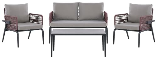Beliani Loungeset Aluminium schwarz Flechtseil Burgunderrot 4-Sitzer Kissen grau Sciacca