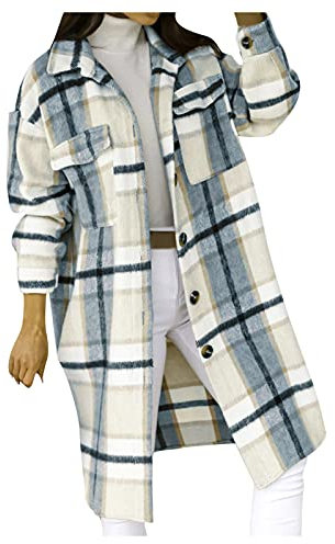 IQYU Veste à carreaux pour femme : manteau femme veste d'hiver en laine à manches longues élégant manteau en laine long trench-coat vestes à carreaux avec boutons veste chemise veste en bois veste