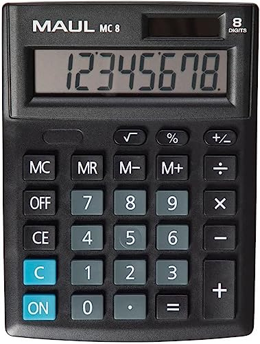 MAUL Calcolatrice MC8 grande display angolato 8 cifre calcolatrice da tavolo professionale ufficio casa scuola solare/batteria 13,7 x 10,3 cm, nero