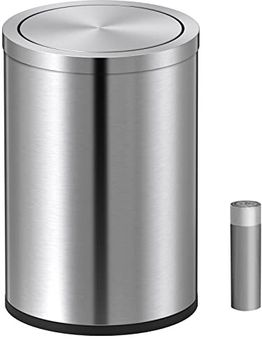 Mbillion Petite Poubelle avec Couvercle Basculant 9 Litres, Mini Poubelle avec Couvercle, Poubelle Cylindrique en Acier Inoxydable Brossé pour la Maison et le Bureau, pour Sol et Bureau (Argent Brossé