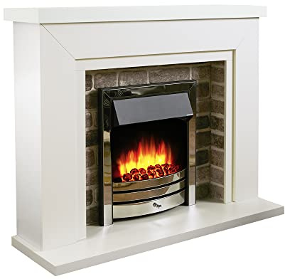 Endeavour Fires Flamborough 48 Inch Electric Fireplace Suite with Surround | Realistic Flame & Coal Effect Fire, 1-2kW Eco Heater, 7-Day Programmable Remote, 3D Brick Back Panel, White Top, Chrome Fire