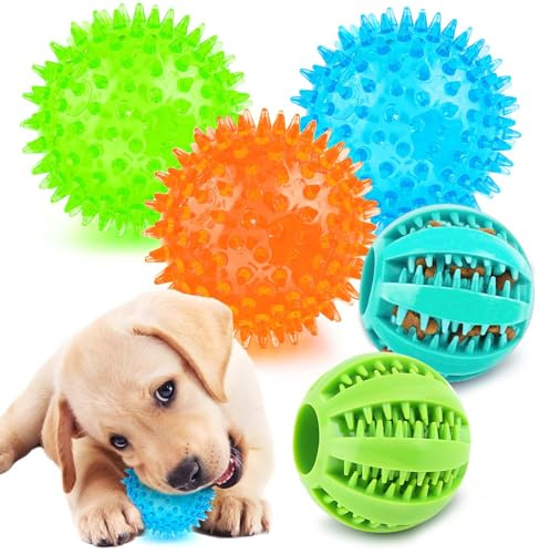 PUPTILY 2 Different Functions Interactive Ball for Dogs 2.5” Squeaky Dog Balls Toys and Puppy Teething Chew Toy Balls for Small Dogs for Clean Teeth and Training （5Pcs）
