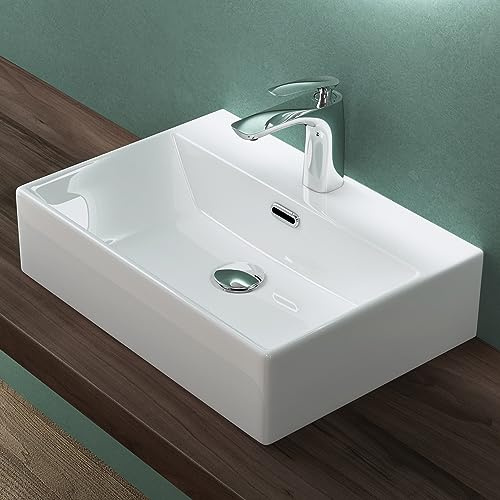 Mai & Mai Lavabo sobre Encimera 51x36x13 cm – Blanco Brillante, Cerámica, con Orificio para Grifo y Rebosadero, Instalación en Pared o Encimera