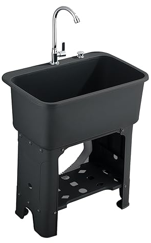 TRGCJGH Freistehendes Waschbecken Ausgussbecken Handwaschbecken Wäschewanne aus Kunststoff, Für Keller, Garage oder Waschraum mit Wasserhahn und Ablagefach(40X40cm/15.7X15.7in,black)