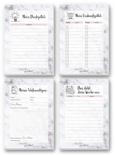 younikat 4 Stück Notizblöcke A6 (105 x 148 mm) marmoriert I 4x 50 Blatt I Einkaufsliste Wochenplaner I Telefonnotizen Notizzettel I Marmor Rosa I Set für Küche Auto Handtasche I dv300