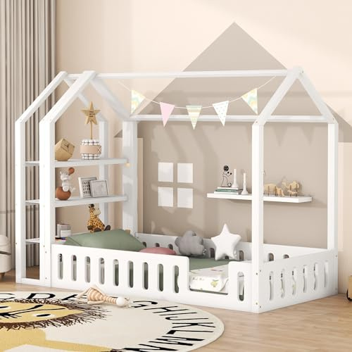 Kayan Kinderbett 90 x 200cm, Flachbetten, Hausbetten mit Geländer, Kinderbetten mit 3 Regalen, Robuste Lattenroste, Rausfallschutz, Flachbetten Kiefernholz Haus Bett für Kinder (Weiß)