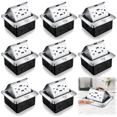 Hoolerry 8 Pack Pop up Floor Electrical Outlet Cover, 20Amp USB, Silver