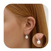 Sllaiss 925 Sterling Silver pärlörhängen för kvinnor, Pearl Drop dingla krokar örhängen Smycken Presenter för damer kvinnor, Vitguld 14K guldpläterad pärlörhängen (silver)