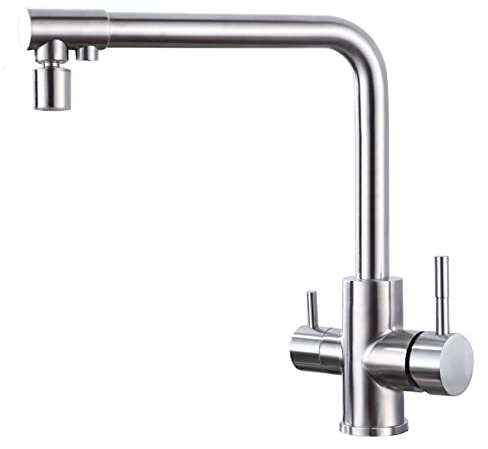 3-in-1-Küchenarmatur mit Trinkwasserhahn, 360 ° drehbarer Spültischarmatur mit Dual-Mode-Auslauf, 304 Edelstahl gebürsteter kalter und heißer Küchenmischhahn mit 2 Griffen