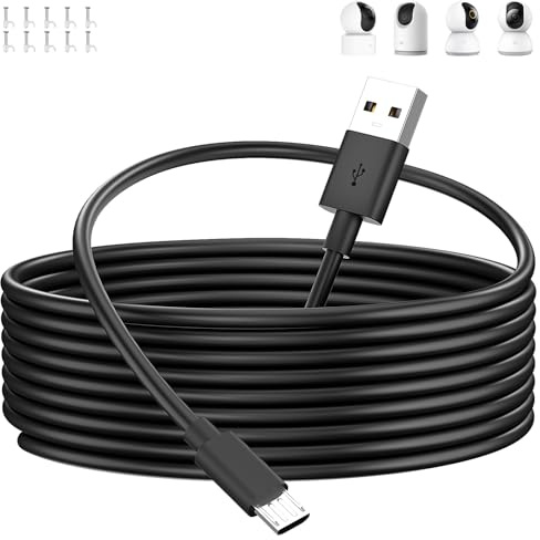 ACOCOBUY Micro USB Power Cable 5M, Power Cord for Mi 360° Home Security Camera 2K Pro, Mi Smart Camera C300 C200, for EZVIZ C6/C1c, USB A to Micro Long Charging Cable Wire for Security Cameras, Black